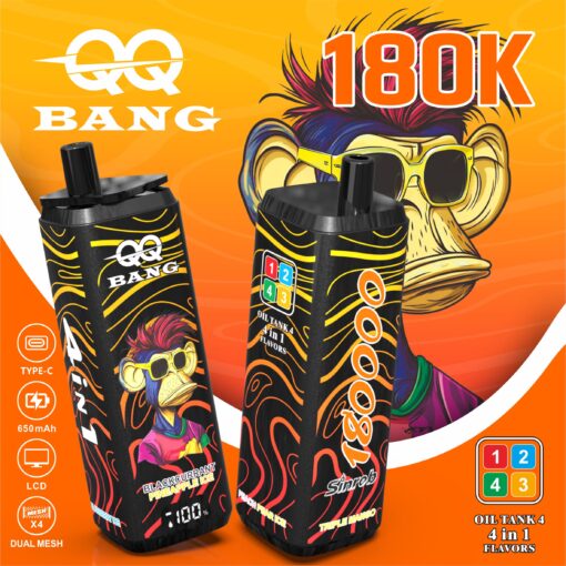 Two black oil tanks with bold orange and yellow flame patterns, cartoon monkey wearing sunglasses, and large “180K” text on an orange background.
