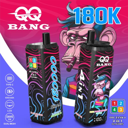 Two black squeeze-style vape tanks with bold neon-blue and pink graphics and a stylized “1800” logo, featuring a cartoon monkey and colorful swirls, set against a bright pink-purple background.