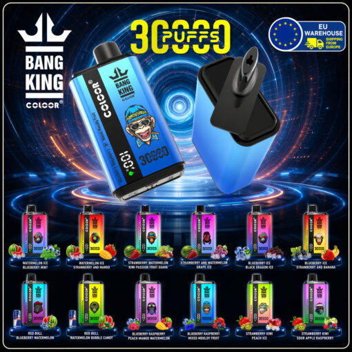 Un display colorato di bottiglie di e-liquid Bang King disposte in file con uno sfondo centrale a vortice luminoso, caratterizzato da un dispositivo vape pod blu e un serbatoio nero inclinato, con marchio del prodotto e testo “3000 puffs”.