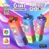 Bang Blaze 6in1 oil-tank vape set with three colorful bottles in red, blue, and purple, each featuring cartoon characters and gradient backgrounds, highlighting 6 adjustable flavors and 1000 puffs.