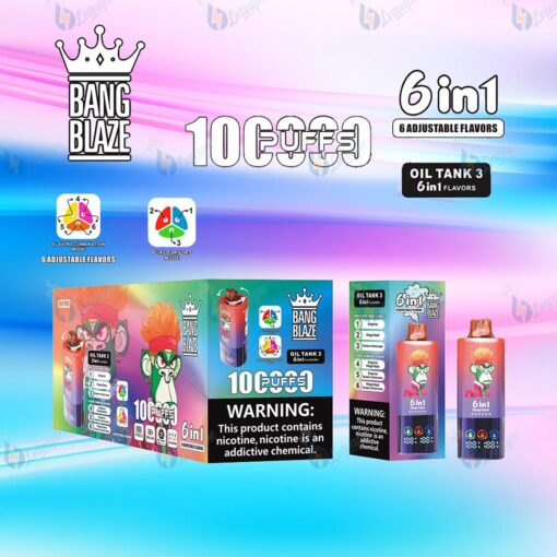 Bang Blaze 6in1 VAPE パッケージの鮮やかなグラデーションの背景。6 つのフレーバー オイル タンクとカラフルなボックスが表示され、前景に警告ラベルが表示されます。.