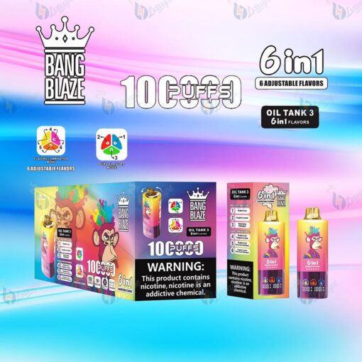 明るいパステルのグラデーションの背景に、Bang Blaze 6-in-1 10e コーヒー オイル タンクのパッケージ、6 つの調整可能なフレーバーと警告ラベルを示すカラフルなボックスとボトル。.