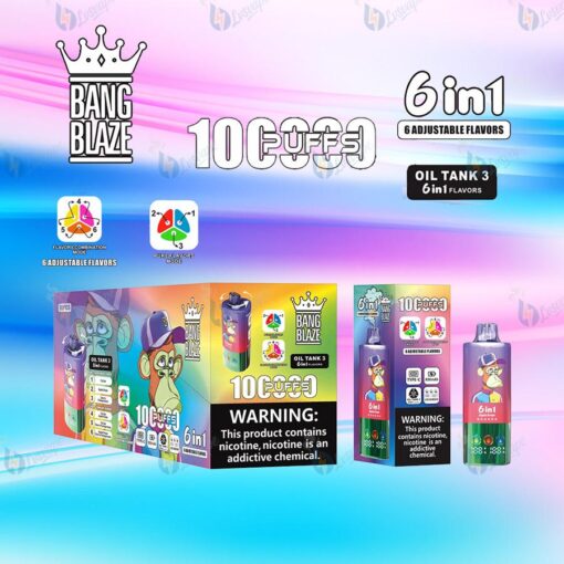 Bang Blaze 6-in-1 vape ジュース パッケージには、カラフルなボトルとラベルが付いており、オイル タンク 3 と 6 の調整可能なフレーバー、パステル グラデーションの背景が表示されています。.