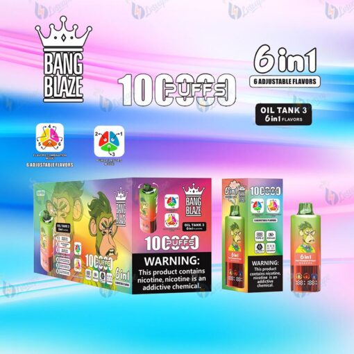Bang Blazе 6in1 使い捨て VAPE ボックス セットは、オイル タンク フレーバーと組み合わせて使用​​でき、カラフルなパッケージと明るいグラデーションの背景が特徴です。.