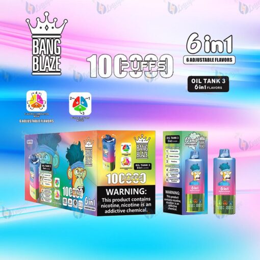 明るいパステルグラデーションの背景にBang Blazeのロゴ、「6 in 1」と「10フレーバー」のブランディング、VAPEのパッケージとボトル、警告ラベル、カラフルな製品ボックスが並んでいます。.