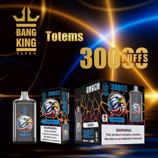 Confezione per vaporizzatori di nicotina Totem 3000 Puff con logo Bang King, testo dorato, scatole nere con l'emblema dell'aquila ed etichette di avvertenza.