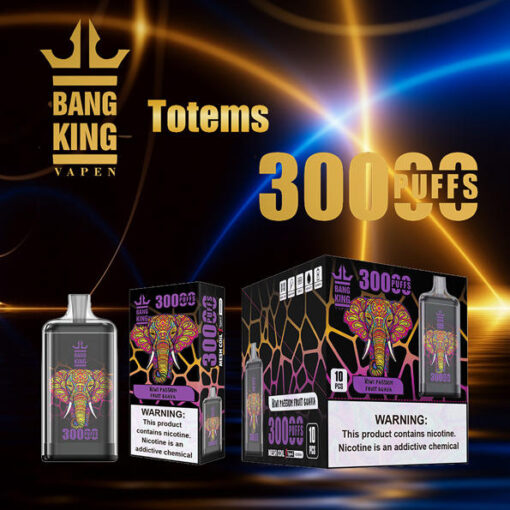 Emballage Totems 300 Puff Bang King Vapen au design électrique coloré, comprenant une bouteille et des boîtes avec un graphique totem d'éléphant et des étiquettes d'avertissement.