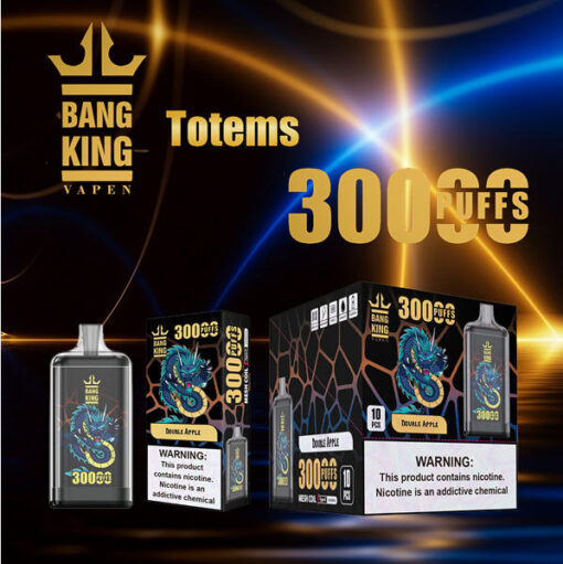 Totems 300 Puffs de Bang King Vapen présentant un emballage noir avec un dragon bleu, plusieurs boîtes et une bouteille sur un fond néon sombre.