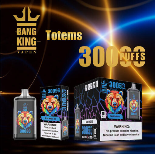 Bang King Totems 3000 Puff aux couleurs vives, texte en or métallique 3000 bouffées avec logo lion et bouteilles de vape sur fond néon foncé.