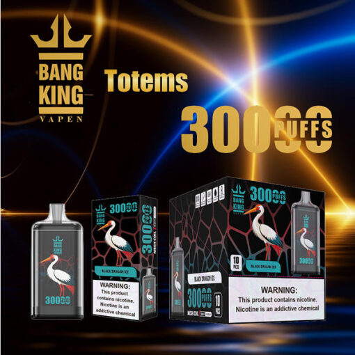 Image de style totem faisant la publicité des totems Bang King avec des boîtes noires étiquetées 300Puffs, avec une grue blanche et des accents dorés sur un fond clair bleu foncé et doré.
