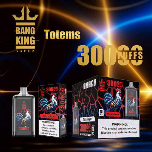 Présentoir de produits de vape à la nicotine Totems 300 Puff avec la marque Bang King, emballage noir avec une illustration de coq et un texte doré en gras.