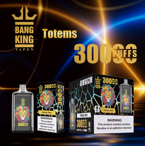 Totems 300 Puff Ananas ? En fait, un présentoir de produits Bang King Vapen à saveur de fruit tropical avec des bouteilles et des boîtes comportant un logo de lion et des étiquettes d'avertissement contre la nicotine.