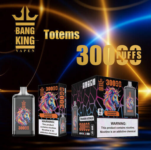 Emballage de vape Totems 3000 puffs par Bang King Vape; boîtes noires avec un motif de cheval coloré et des avertissements concernant la nicotine.