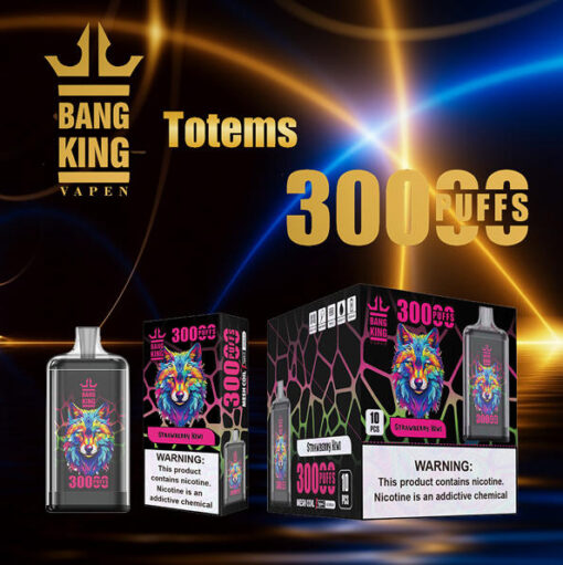 Présentoir de produits Totems 300 Puffs Bang King Vapens avec saveur fraise kiwi, graphique de lion coloré et boîtes de vape avec étiquette d'avertissement sur fond sombre.