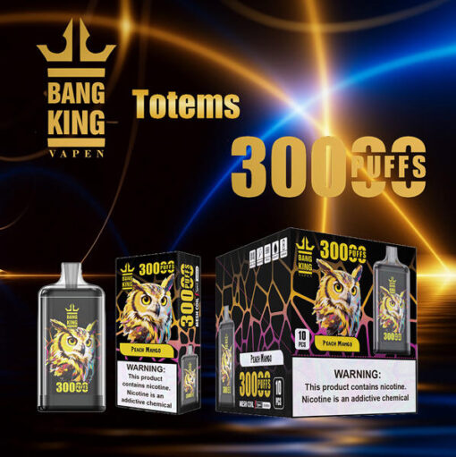 Présentoir de produits Totems 300 bouffées Bang King Vapen avec un emballage noir et or et un motif de hibou sur les boîtes, sur un fond bleu néon et or.