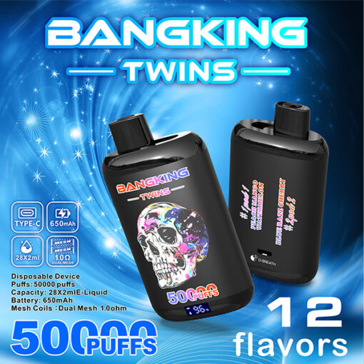 Bangking Twins Einweg-Vape-Flasche mit Totenkopfgrafik, zwei schwarzen zylindrischen Pods, blauem kosmischen Hintergrund, “50Puffs”-Text und “12 Flavours”-Etikett, links mit Gerätespezifikationen.