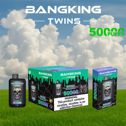 Emballage de vape de nicotine Bangking Twins 5000 Puffs sur herbe verte avec ciel bleu et nuages, grand texte 5000 PUFFS en vert.
