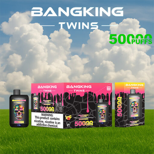 Bangking Twins 5000 bouffées exposées sur un terrain herbeux avec un ciel bleu et des nuages, plusieurs boîtes et bouteilles de vape roses et jaunes disposées en rangée.