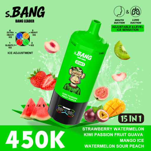 Bottiglia di bevanda energetica al gusto di mango, fragola, anguria, kiwi, inclinata su uno sfondo verde brillante con fette di frutta ed effetti splash, prezzo da 450.000, etichetta 15 in 1 e marchio “s.BANG”.