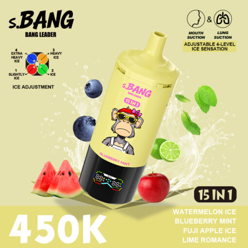 s.BANG 15 in 1 bottiglia d'acqua al gusto mirtillo e menta, raffigurante una scimmia mascotte su un'etichetta gialla, circondata da frutta e menta; mostra un prezzo di 450.000 e accenti di anguria, lime e mela.