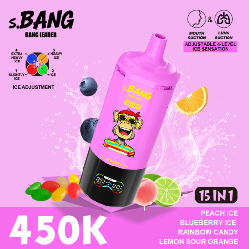 Bottiglia rosa di s.BANG 15 in 1 sensazione di ghiaccio con scimmia cartone animato, circondata da frutta e spruzzi d'acqua, prezzo 450.000, banner al gusto di ghiaccio alla pesca.