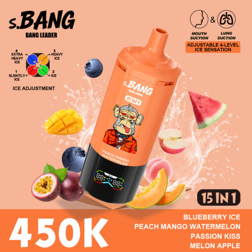 Peach mango watermelon flavored s.BANG bottle tilted, surrounded by fruit slices (blueberries, mango, watermelon, passion fruit) with bold “450K” and 15 in 1 label on orange background.
