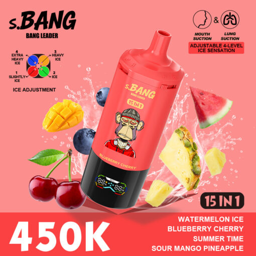 S. BANG 15 IN 1 Anguria Ghiaccio Mirtillo Ciliegia Summer Time Sour Mango Flacone profumato all'ananas con sfondo rosa, circondato da frutti come anguria, ananas, ciliegie, mirtilli, mango e limone. Testo del prezzo 450K in basso.