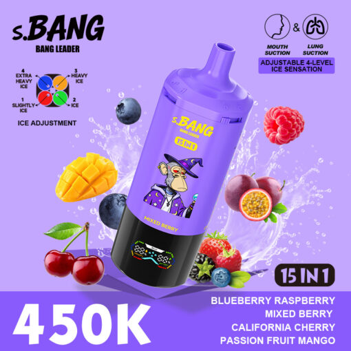 Purple bottle labeled s.BANG 15IN1 with cartoon character, surrounded by fruits (mango, berries) and splash background; 450K price text, 15 in 1 flavor mix (Blueberry Raspberry, Mixed Berry, California Cherry, Passion Fruit Mango).