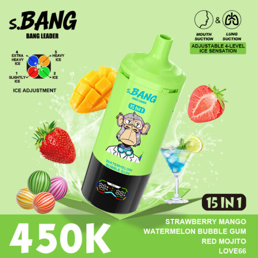 Una bottiglia di gomma da masticare s.BANG verde brillante con etichetta 15 in 1, con una scimmia cartone animato sul davanti, circondata da accenti di fragole, mango, anguria e lime, e un grande testo bianco “450K” in primo piano.