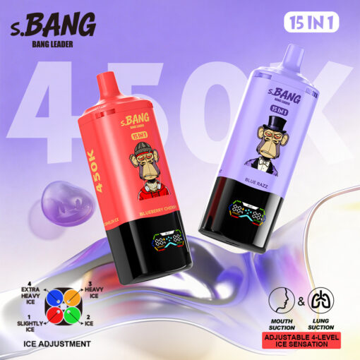 Due bottiglie S.BANG 15IN1, una rossa al gusto di mirtillo e ciliegia e una viola al gusto di uva, inclinate su uno sfondo viola con un disegno a schizzi e un piccolo grafico.