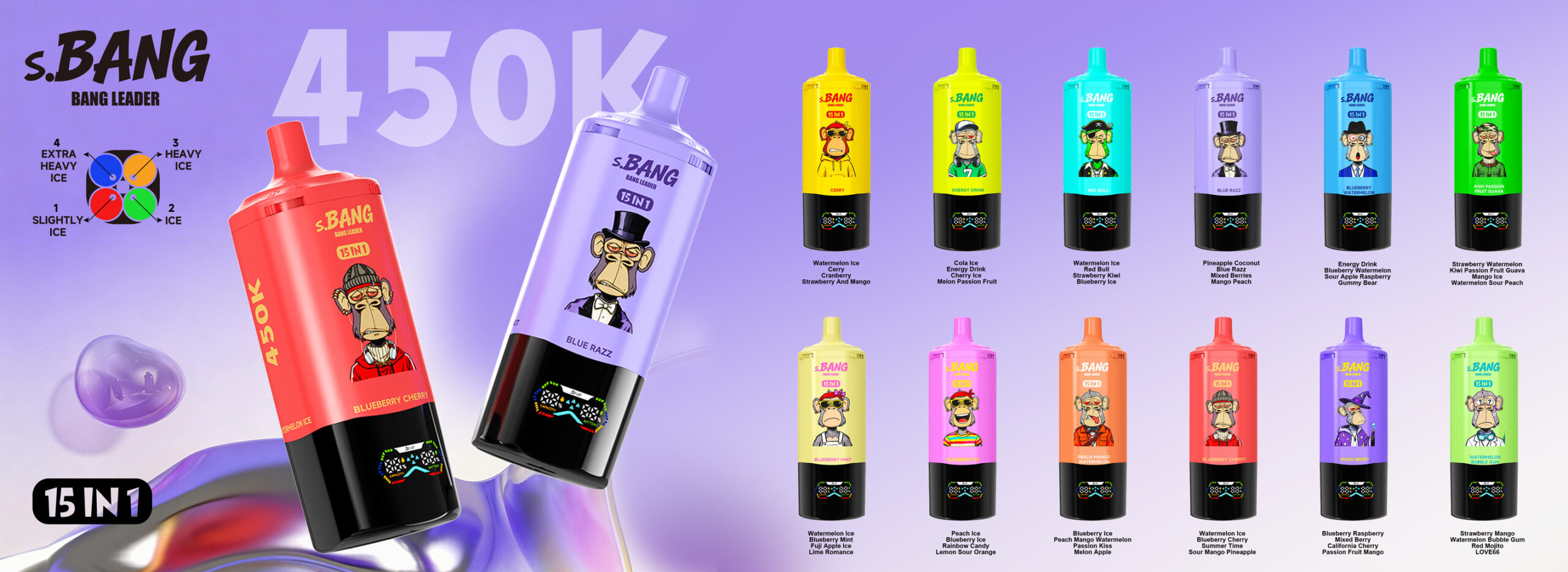 Bright bottles of s.BANG shampoo in assorted colors arranged on a purple backdrop, with two larger red and purple bottles in the foreground and a row of smaller bottles along the right.