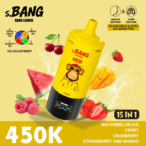 S.BANG Bottiglia di ghiaccio all'anguria 15 in 1 con grafica scimmia, sfondo giallo, circondata da frutti colorati come anguria, ciliegie, lamponi, mango, fragola; presenta un prezzo di 450.000 e una grafica con sensazione di ghiaccio a 4 livelli.