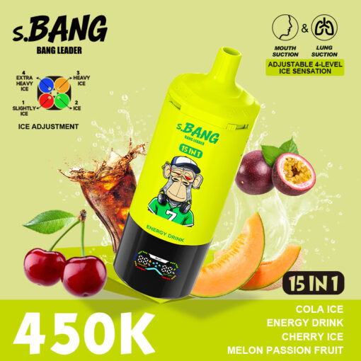 Bright yellow s.BANG energy drink bottle with a cartoon character, surrounded by cherries, melon, passion fruit, and a splash; bold 