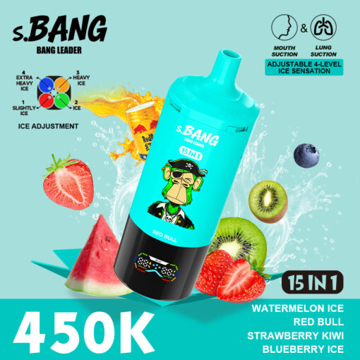 Una bottiglia d'acqua turchese brillante s.BANG etichettata 15 IN 1 tra spruzzi di anguria, frutti di bosco e agrumi; testo in grassetto “450K” e grafica con frutta sullo sfondo.