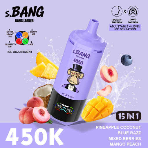 Una bottiglia s.BANG color lavanda etichettata Blue Razz A 15 IN 1 è inclinata con ananas a fette, mango, pesca, pesche, frutti di bosco e ghiaccio sullo sfondo; testo in grassetto “450K” in basso a sinistra e badge “15 IN 1” a destra.
