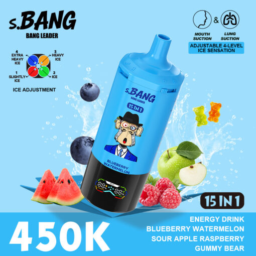 Bottiglia di bevanda energetica 15 in 1 blu s.BANG con personaggio dei cartoni animati, circondata da fette di frutta (anguria, frutti di bosco, mela, pera), testo del prezzo da 450.000 e badge “15 IN 1”.