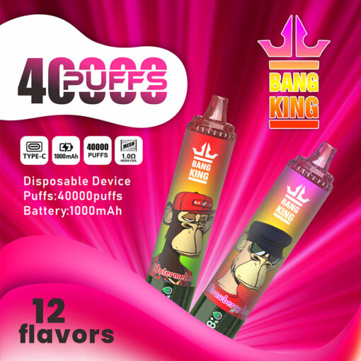 Disposable device with two colorful Bang King vape bottles featuring cartoon characters, pink swirling background, and "12 flavors" text.