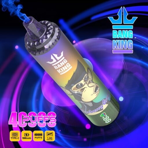 A Bang King vape device with a cartoon gorilla illustration, glowing blue and purple background, and branding text Bang King with yellow and pink accents.