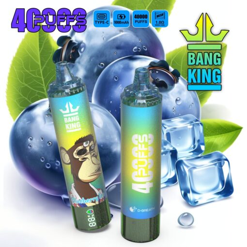 Dva Bang King vape uređaja s okusom borovnice sa šarenim naljepnicama, postavljena naspram borovnica, kockica leda i zelenog lišća.
