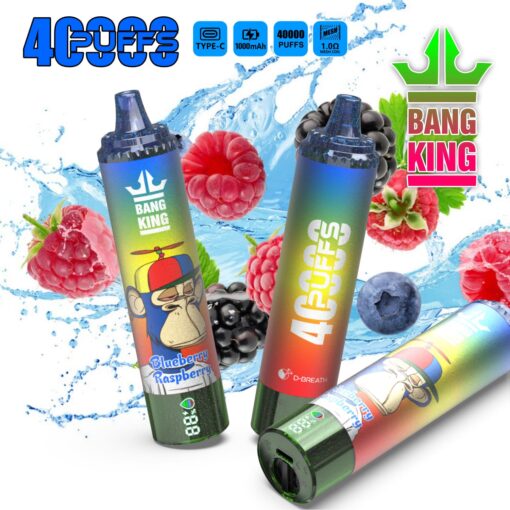 Bang King vape uređaji sa šarenim naljepnicama, okusom plave maline, voćnom pozadinom i dizajnom prskanja koji prikazuje 4000 udisaja.