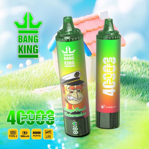 Svijetle zelene boce za vape Bang King s kapetanom iz crtića i hrabrim natpisom, postavljene na travnati travnjak s malom kućicom igračkom u zamućenoj pozadini.