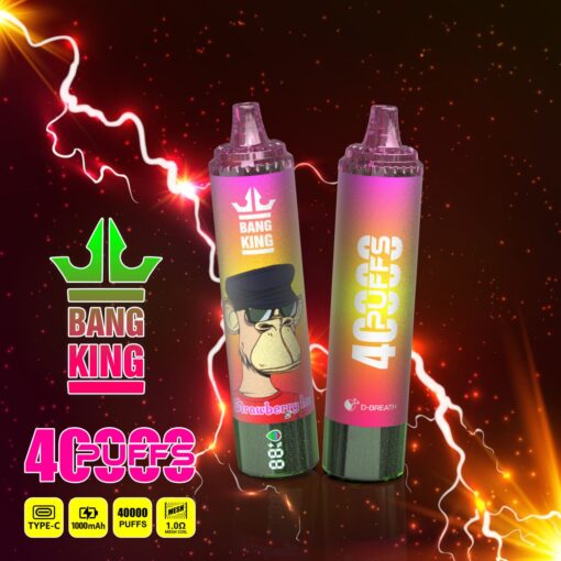 Dvije ružičaste i ljubičaste bočice za vape plinove s crtanim dizajnom majmuna stoje nasuprot vatrene, električne pozadine, s natpisom Bang King i tekstom “Gooffs”.