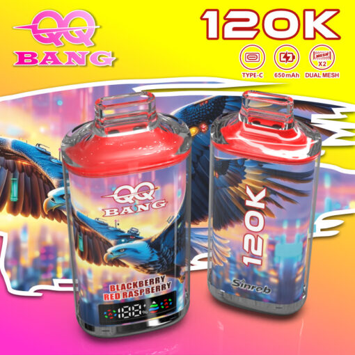 Two colorful water bottles with bright red lids, one labeled BlackBerry Red Raspberry and the other 120K in bold white letters, set against a vibrant gradient background with yellow top banner and brand logo QQ Bang.