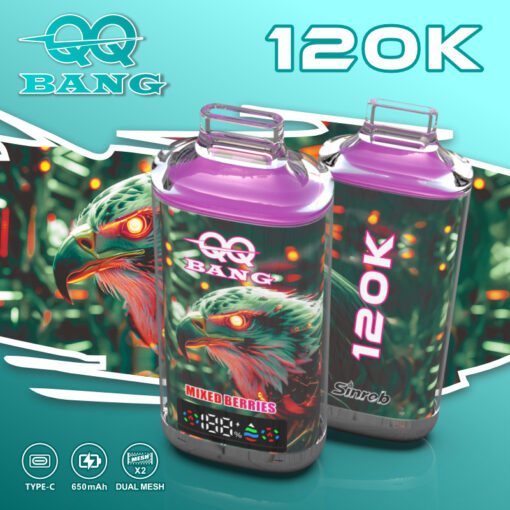 Duas garrafas de água transparentes rotuladas 120K Bang com tampas roxas, apresentando uma arte colorida de um pássaro e o texto Mixed Berries and Sinrob contra um fundo azul-petróleo.