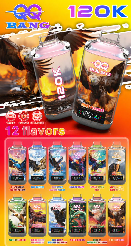 Fundo amarelo-laranja brilhante com dois grandes frascos de vape rotulados como QQ BANG 120K, apresentando águias, chamas e 12 sabores exibidos abaixo.