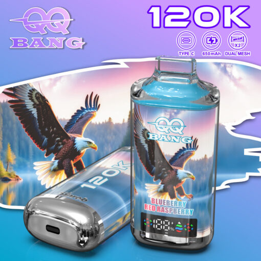 Dispositivo Vape com uma garrafa azul rotulada como Bang Blueberry Red Raspberry, apresentando um gráfico de águia e um display digital, contra um fundo gradiente rosa-púrpura com um logotipo alado e texto “120K”.