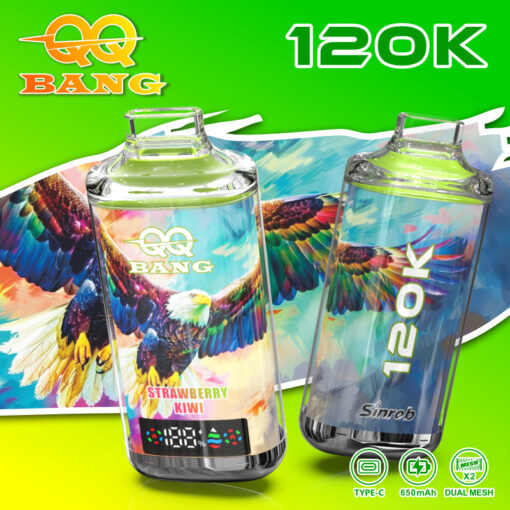 Dois dispositivos vibrantes semelhantes a vape rotulados como QQ Bang 120K, apresentando designs coloridos de águias aladas contra um fundo verde brilhante com um toque dinâmico de cores.