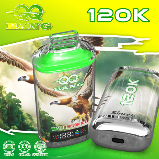 Anúncio verde e amarelo brilhante do vape / caixa QQ Bang 120K com uma garrafa com sabor de gelo de melancia e um cartucho destacável; apresenta um gráfico de águia e um texto em negrito do produto.