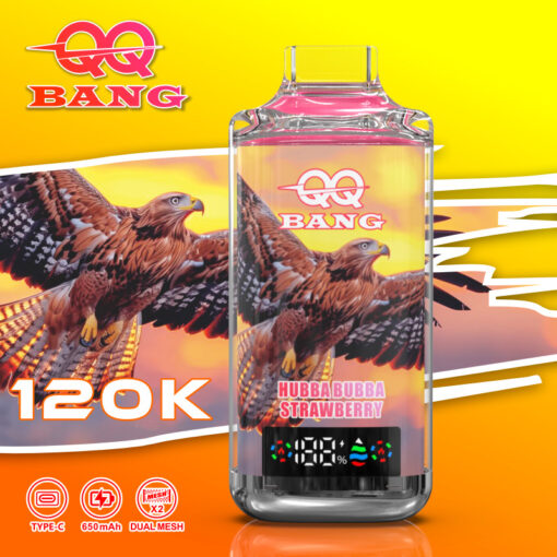 Dispositivo Vape com um tanque transparente exibindo um design de falcão de morango e a marca “QQ BANG”, contra um fundo amarelo-laranja com um negrito “120K” e ícones na parte inferior.