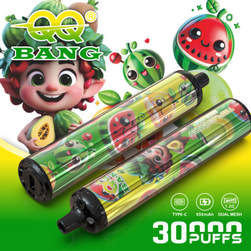 Dispositivi di vaporizzazione verde brillante con disegni di frutti di cartone animato, con un'anguria e altri frutti sullo sfondo, loghi in grassetto e testo “3000 PUFFS”.